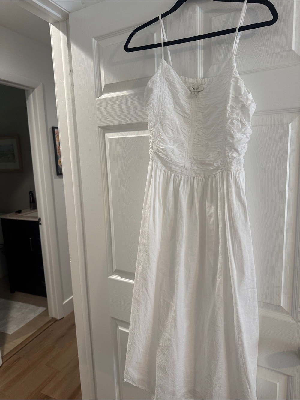 White Sleeveless Midi Dress with Ruched Bodice -